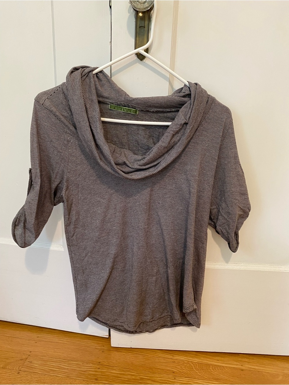 Velvet Striped Cowl Neck Top Gray White Roll Tab Sleeve